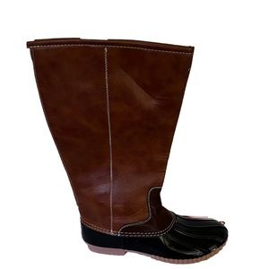 Stylish And Super Cute Faux Leather Riding Rain Boot Women size 10/ Brown/Black